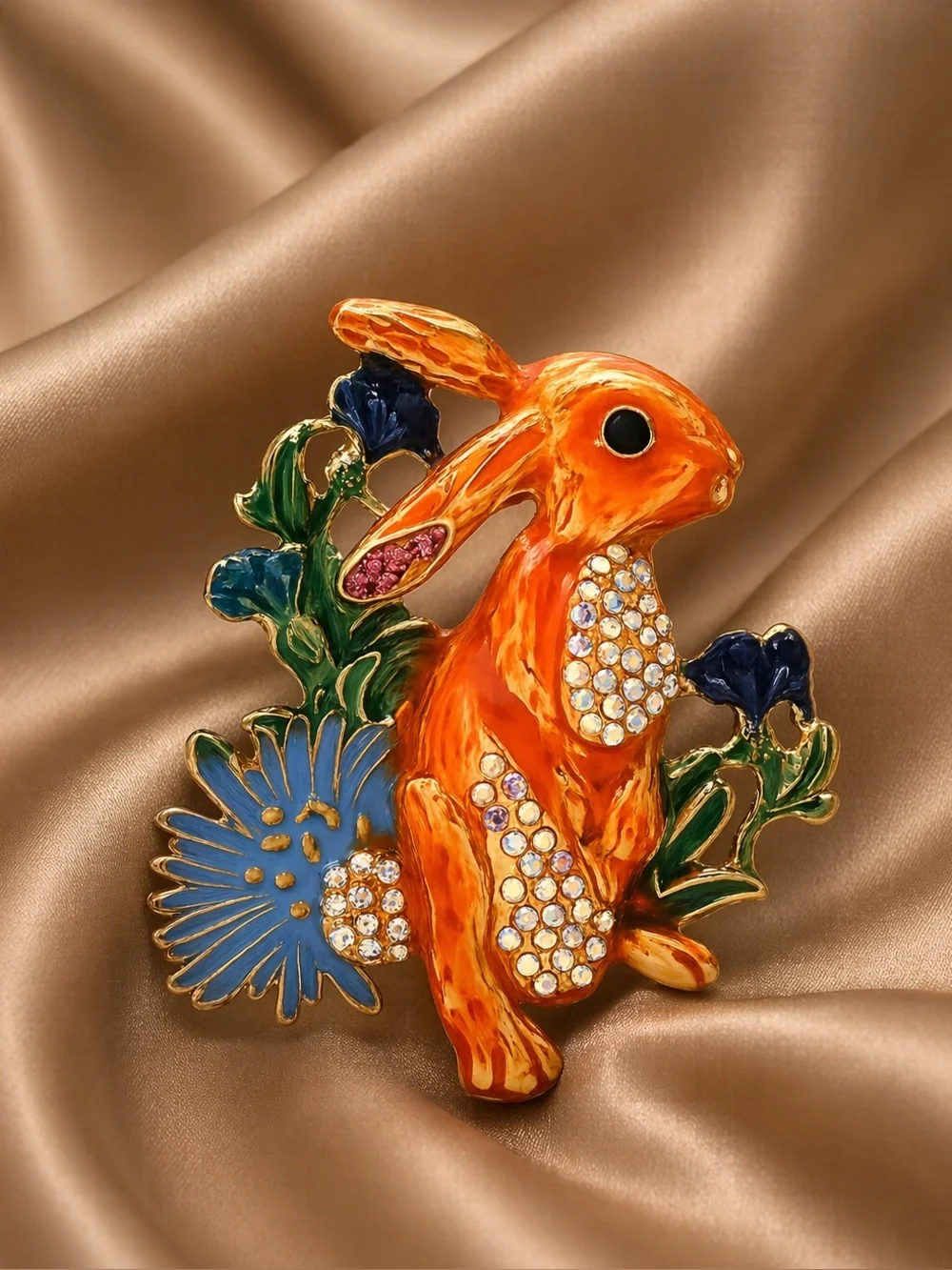 Cute Orange Rabbit Crystal Brooch